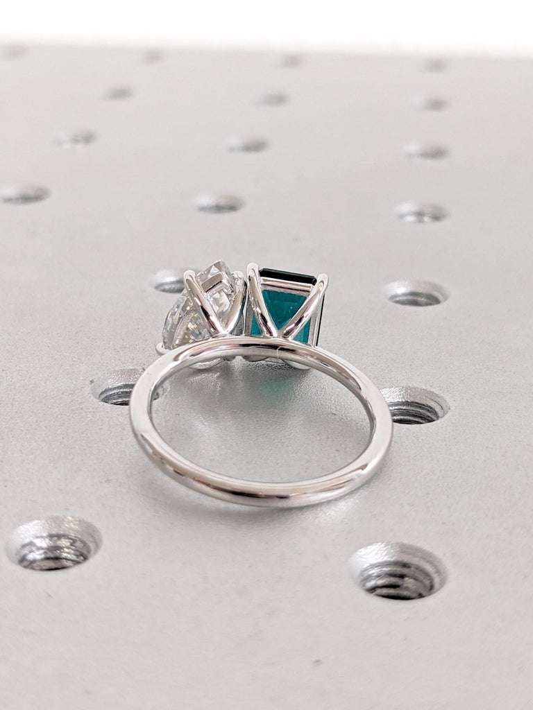 Lab Grown Emerald Ring: Emerald Cut with Pear Moissanite Two Stone Engagement Ring