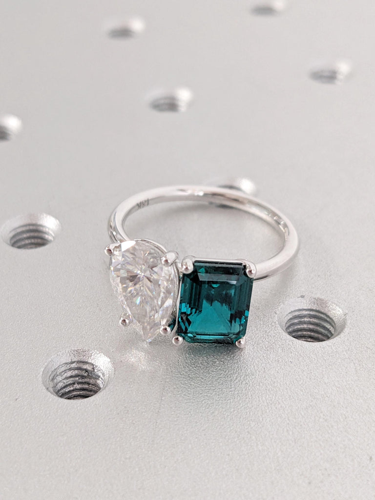 Lab Grown Emerald Ring: Emerald Cut with Pear Moissanite Two Stone Engagement Ring