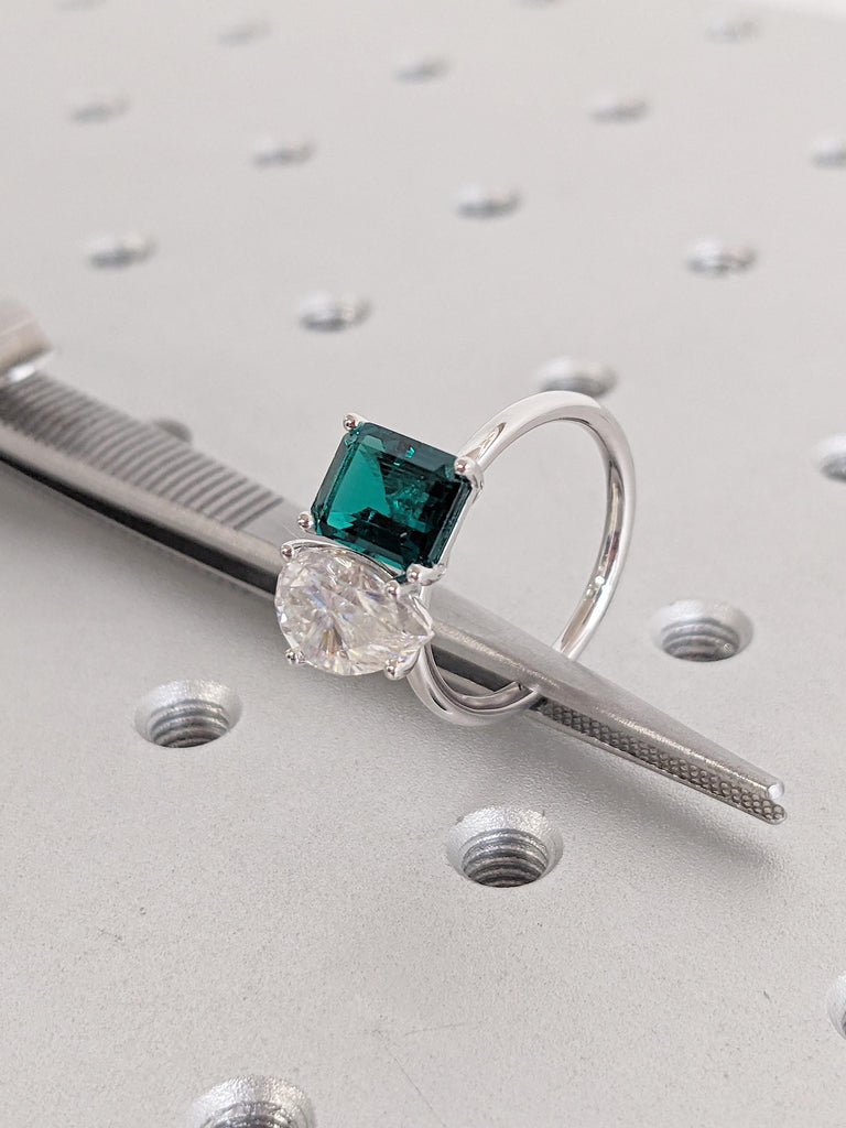 Lab Grown Emerald Ring: Emerald Cut with Pear Moissanite Two Stone Engagement Ring
