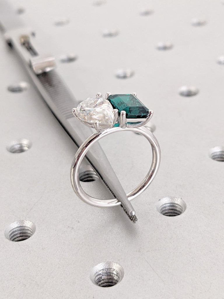 Lab Grown Emerald Ring: Emerald Cut with Pear Moissanite Two Stone Engagement Ring