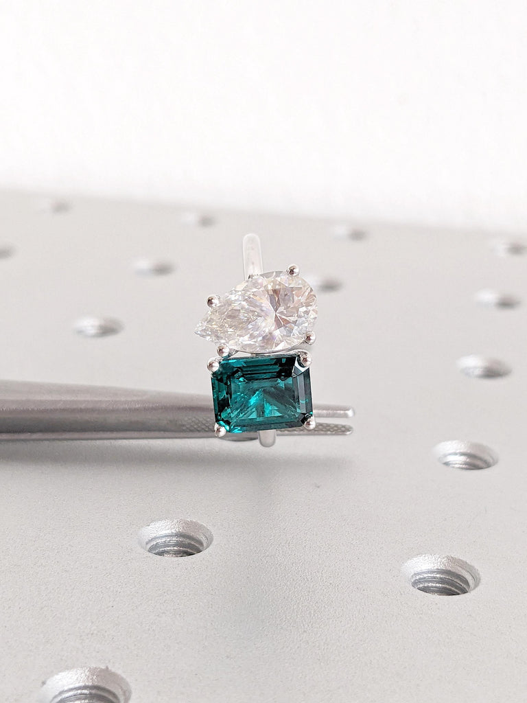 Lab Grown Emerald Ring: Emerald Cut with Pear Moissanite Two Stone Engagement Ring