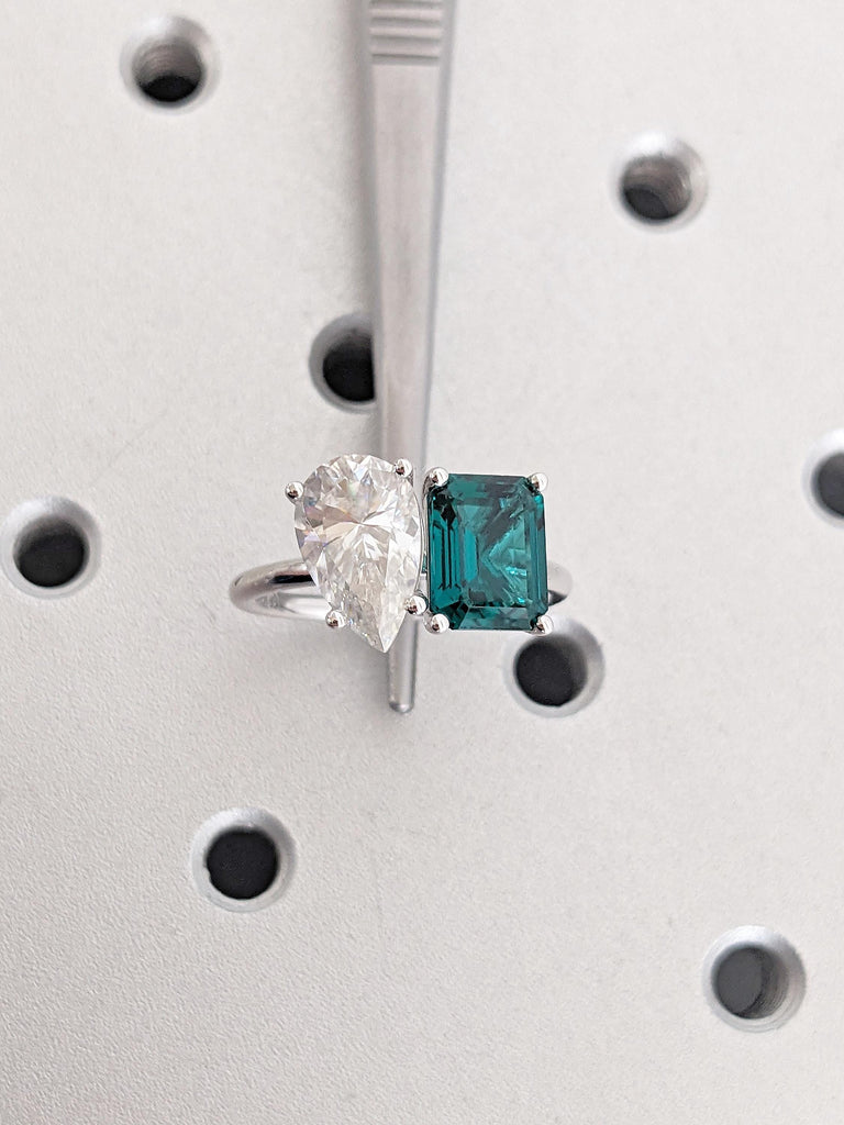 Lab Grown Emerald Ring: Emerald Cut with Pear Moissanite Two Stone Engagement Ring