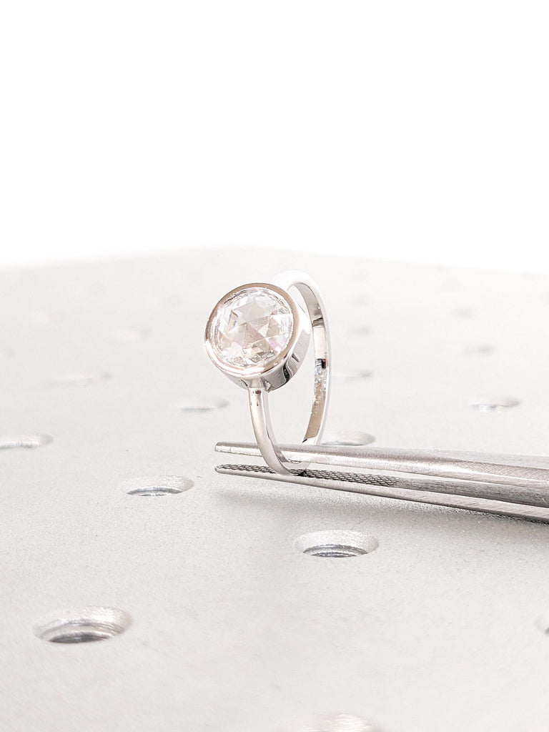 Lab Grown Diamond Ring, White Gold Engagement Ring, Bezel Set Ring, Rose Cut Diamond Ring, Solitaire Promise Ring, Round Lab Diamond Ring