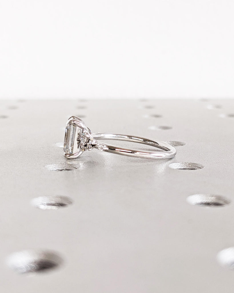 Emerald Cut Colorless Moissanite Women Engagement Promise Ring | Solid Gold Unique Snowdrift 6 Prongs Diamond Cluster Wedding Ring for Wife