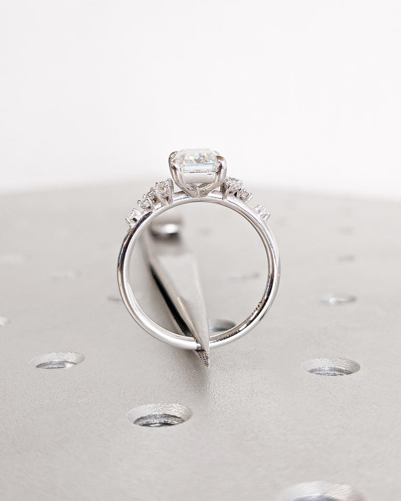 Emerald Cut Colorless Moissanite Women Engagement Promise Ring | Solid Gold Unique Snowdrift 6 Prongs Diamond Cluster Wedding Ring for Wife