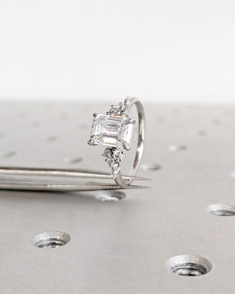 Emerald Cut Colorless Moissanite Women Engagement Promise Ring | Solid Gold Unique Snowdrift 6 Prongs Diamond Cluster Wedding Ring for Wife