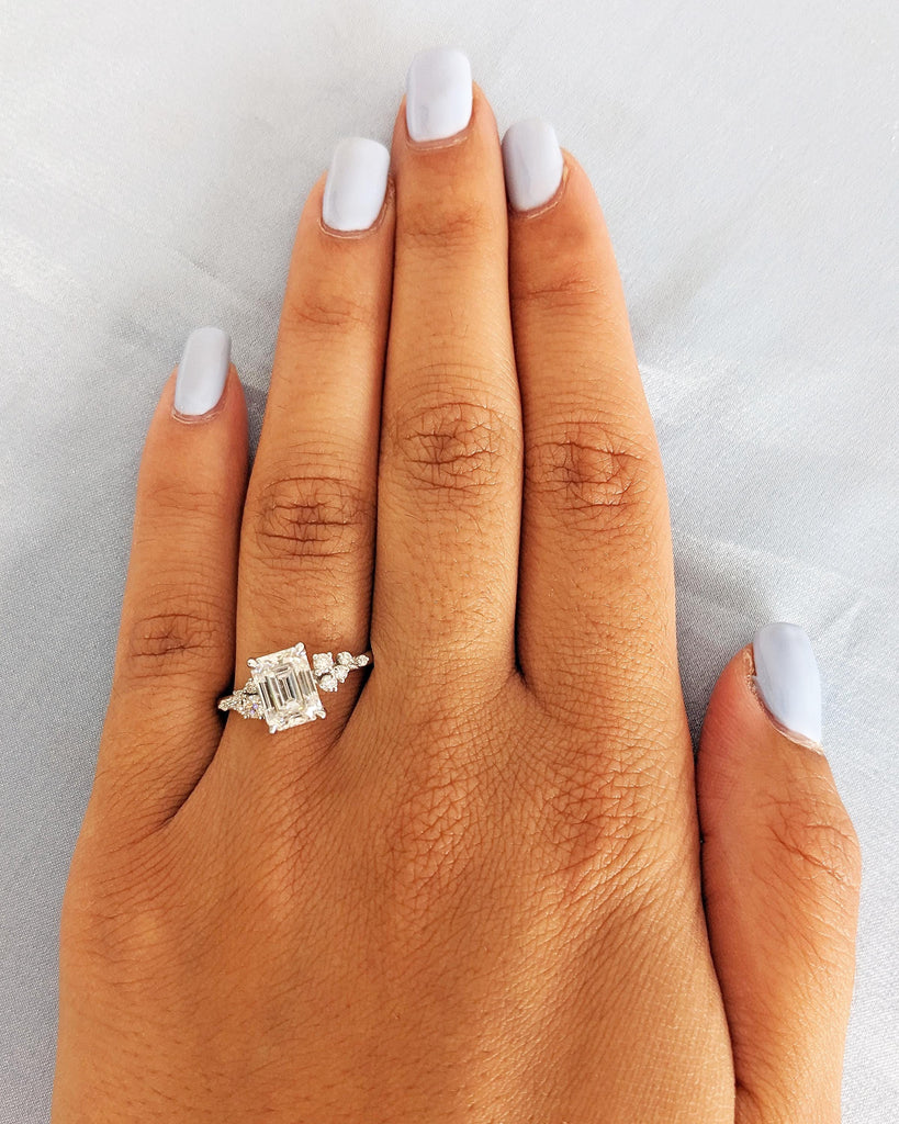 Emerald Cut Colorless Moissanite Women Engagement Promise Ring | Solid Gold Unique Snowdrift 6 Prongs Diamond Cluster Wedding Ring for Wife