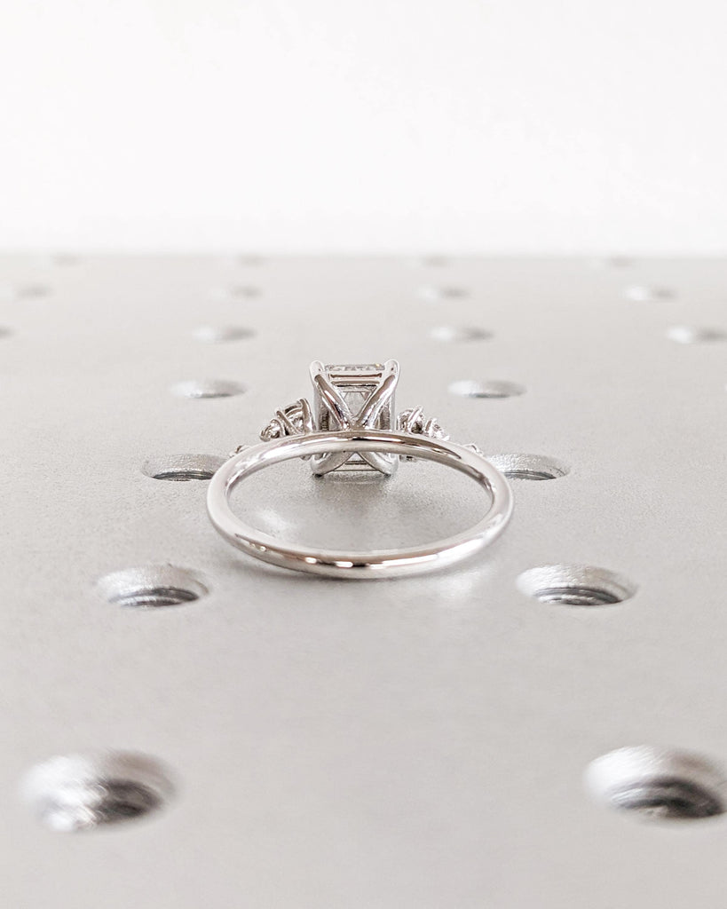Emerald Cut Lab Grown Diamond Ring | Unique 14K White Gold Snowdrift Engagement Ring | Diamond Cluster Promise or Anniversary Ring for Women