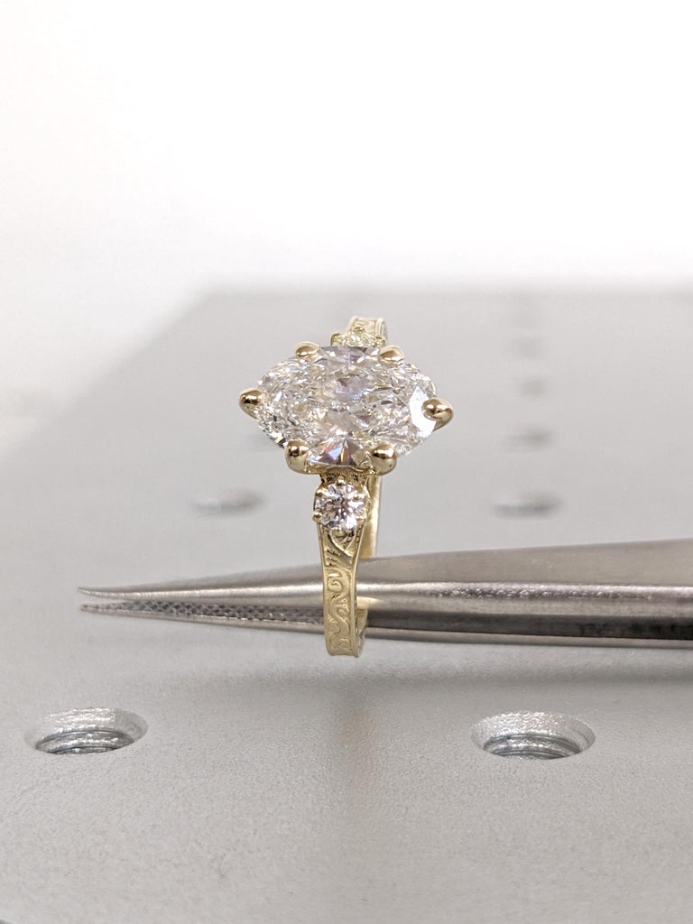 IGI Certified Oval Lab Grown Diamond Engagement Ring | Low Profile Three Stone Ring | Handmade Bridal Jewelry | Vintage Solid Gold Ring