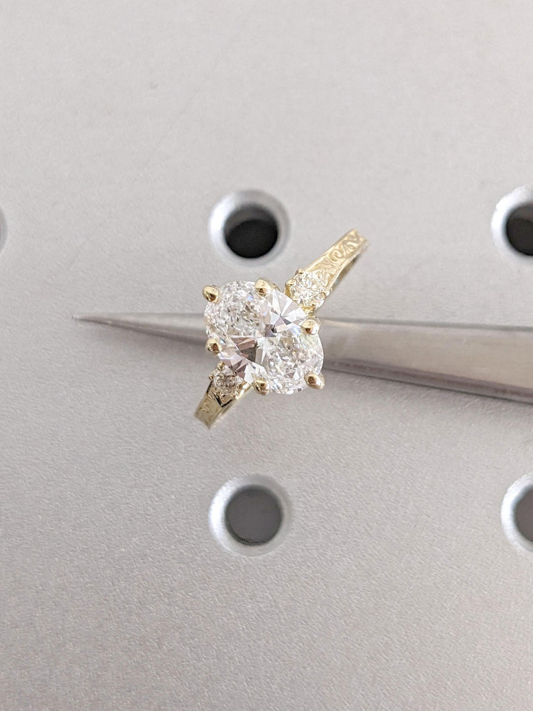 Oval cut Man Made Diamond Vintage Engagement Ring | 14k 18k Gold Three Stone Ring Anniversary Gift for Wife