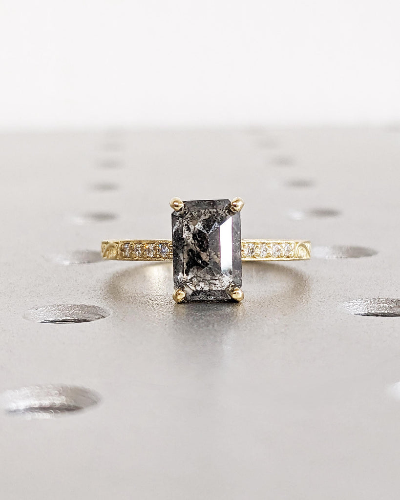 Salt and Pepper Diamond Ring: Vintage Emerald Cut Engagement Ring, Art Deco Filigree Ring, Diamond Accents, Solid 14K Yellow Gold Ring