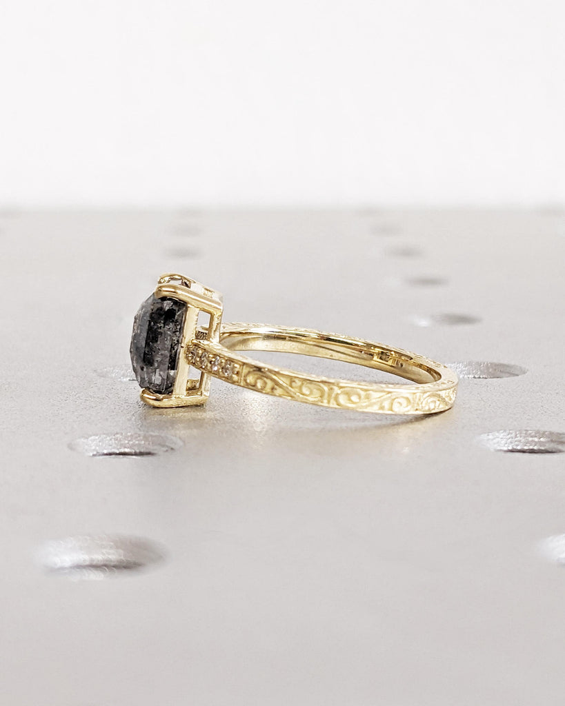 Salt and Pepper Diamond Ring: Vintage Emerald Cut Engagement Ring, Art Deco Filigree Ring, Diamond Accents, Solid 14K Yellow Gold Ring