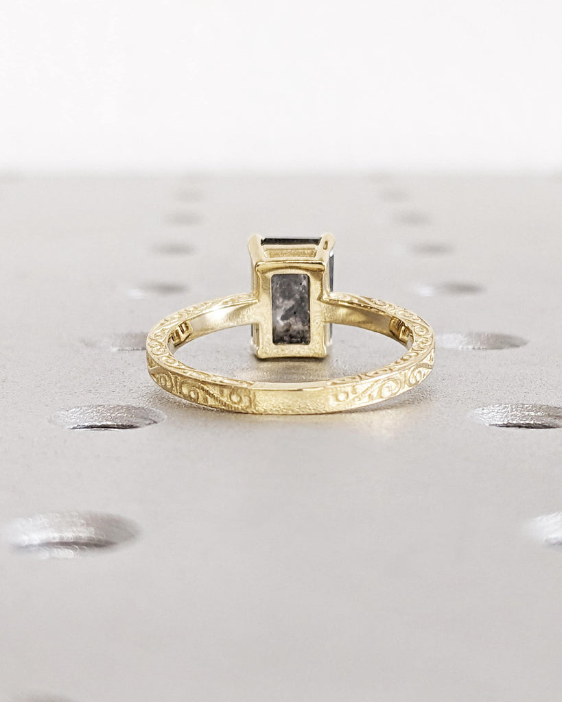 Salt and Pepper Diamond Ring: Vintage Emerald Cut Engagement Ring, Art Deco Filigree Ring, Diamond Accents, Solid 14K Yellow Gold Ring