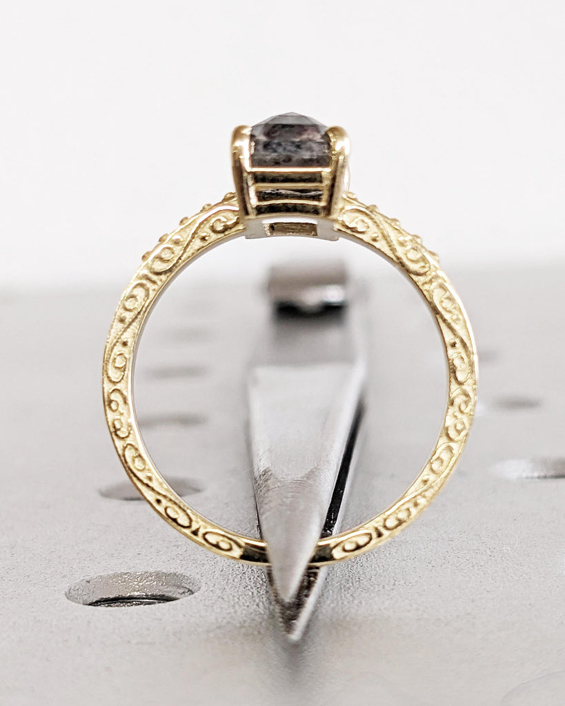 Salt and Pepper Diamond Ring: Vintage Emerald Cut Engagement Ring, Art Deco Filigree Ring, Diamond Accents, Solid 14K Yellow Gold Ring