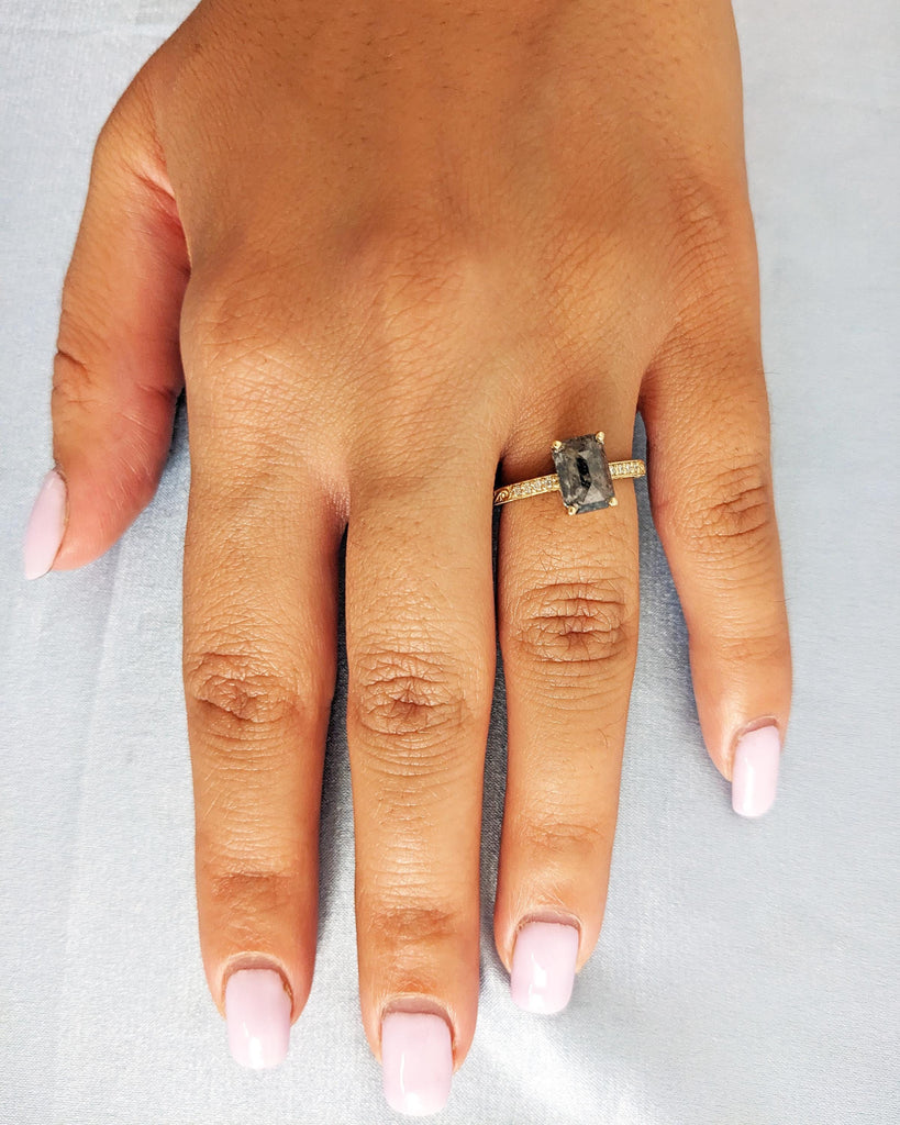 Salt and Pepper Diamond Ring: Vintage Emerald Cut Engagement Ring, Art Deco Filigree Ring, Diamond Accents, Solid 14K Yellow Gold Ring