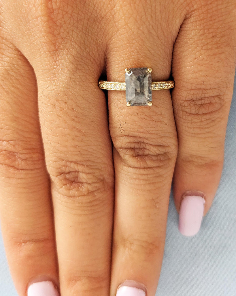 Salt and Pepper Diamond Ring: Vintage Emerald Cut Engagement Ring, Art Deco Filigree Ring, Diamond Accents, Solid 14K Yellow Gold Ring