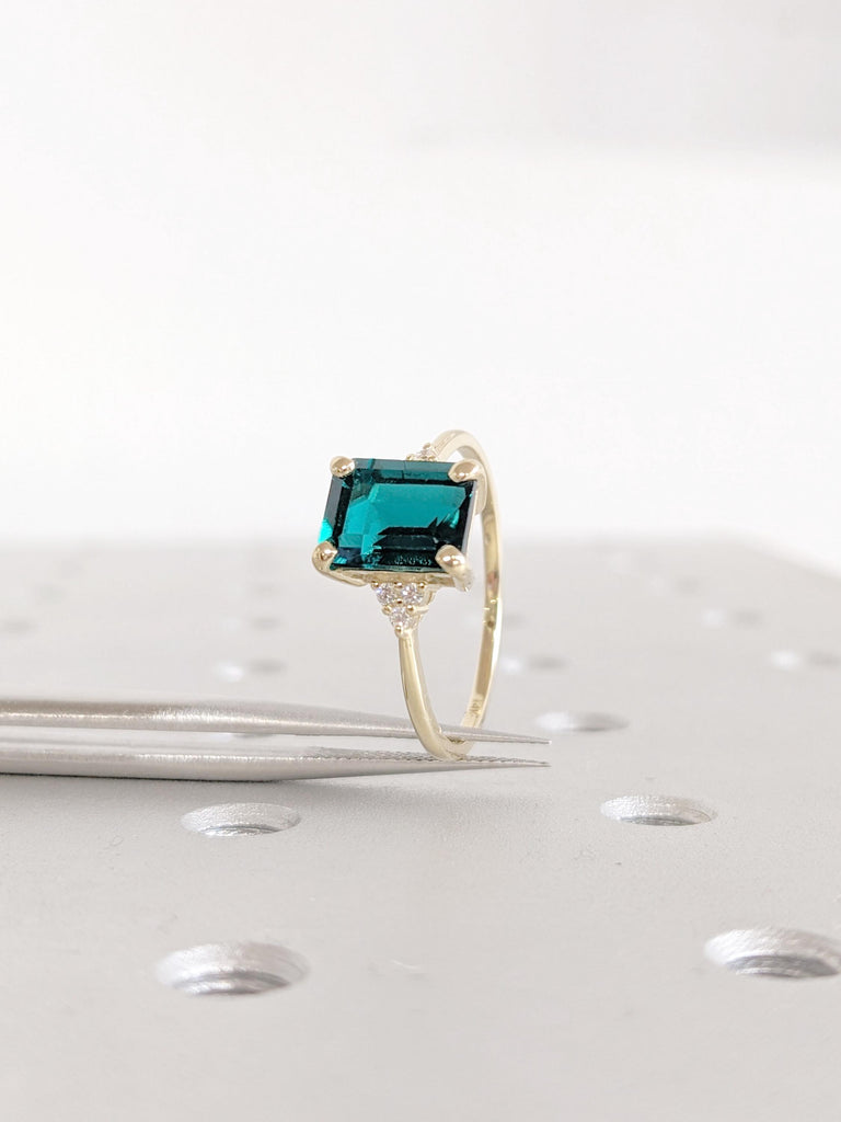 Green Emerald Cut Lab Sapphire Ring, 14K Yellow Gold Diamond Accent Engagement Ring, Dainty Promise Ring, Anniversary Jewelry, Wedding Ring