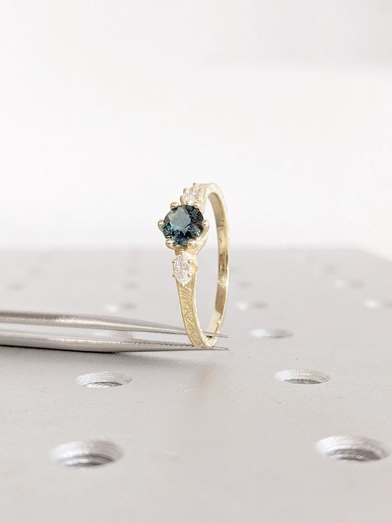 14K Yellow Gold Montana Sapphire Ring: Round Cut, Three Stone Diamond Accents, Vintage Filigree Band