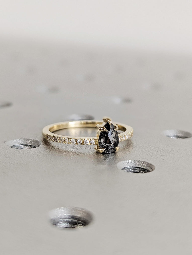 14K Yellow Gold Salt and Pepper Pear Diamond Engagement, Rose Cut Center Black Diamond Pavé Band, Unique Alternative Jewelry