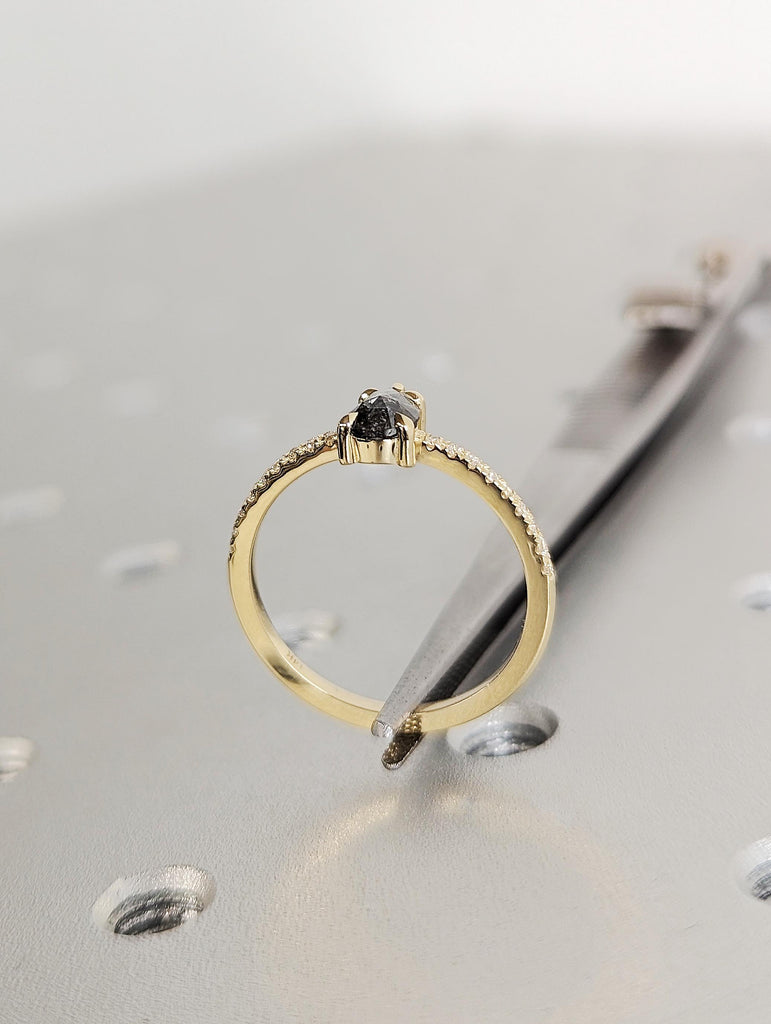 14K Yellow Gold Salt and Pepper Pear Diamond Engagement, Rose Cut Center Black Diamond Pavé Band, Unique Alternative Jewelry