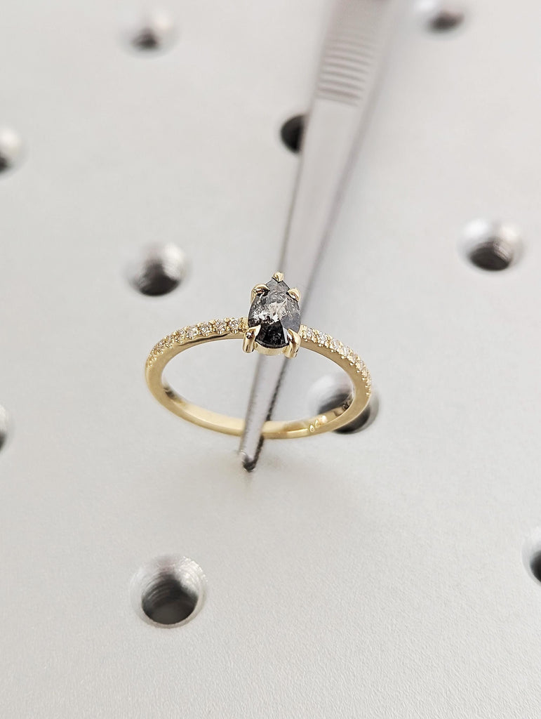 14K Yellow Gold Salt and Pepper Pear Diamond Engagement, Rose Cut Center Black Diamond Pavé Band, Unique Alternative Jewelry