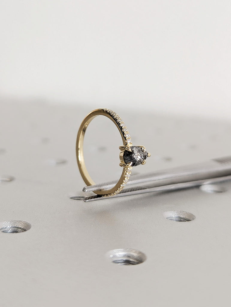 14K Yellow Gold Salt and Pepper Pear Diamond Engagement, Rose Cut Center Black Diamond Pavé Band, Unique Alternative Jewelry
