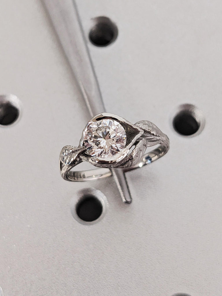Platinum Solitaire Lab Grown Diamond Engagement Ring, Lotus Leaves Flower White Diamond Wedding Band, Unique Bridal Jewelry