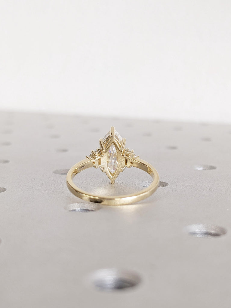 Marquise Cut Moissanite Engagement Ring | 14K Yellow Gold Baguette Accent Band | Art Deco Wedding Jewelry | Unique Statement Ring For Women