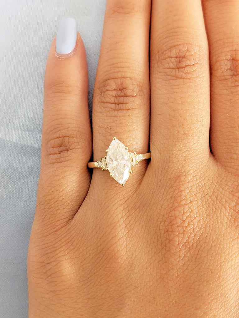 Marquise Cut Moissanite Engagement Ring | 14K Yellow Gold Baguette Accent Band | Art Deco Wedding Jewelry | Unique Statement Ring For Women