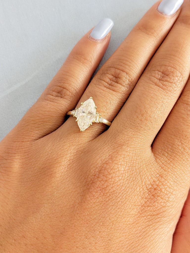 Marquise Cut Moissanite Engagement Ring | 14K Yellow Gold Baguette Accent Band | Art Deco Wedding Jewelry | Unique Statement Ring For Women