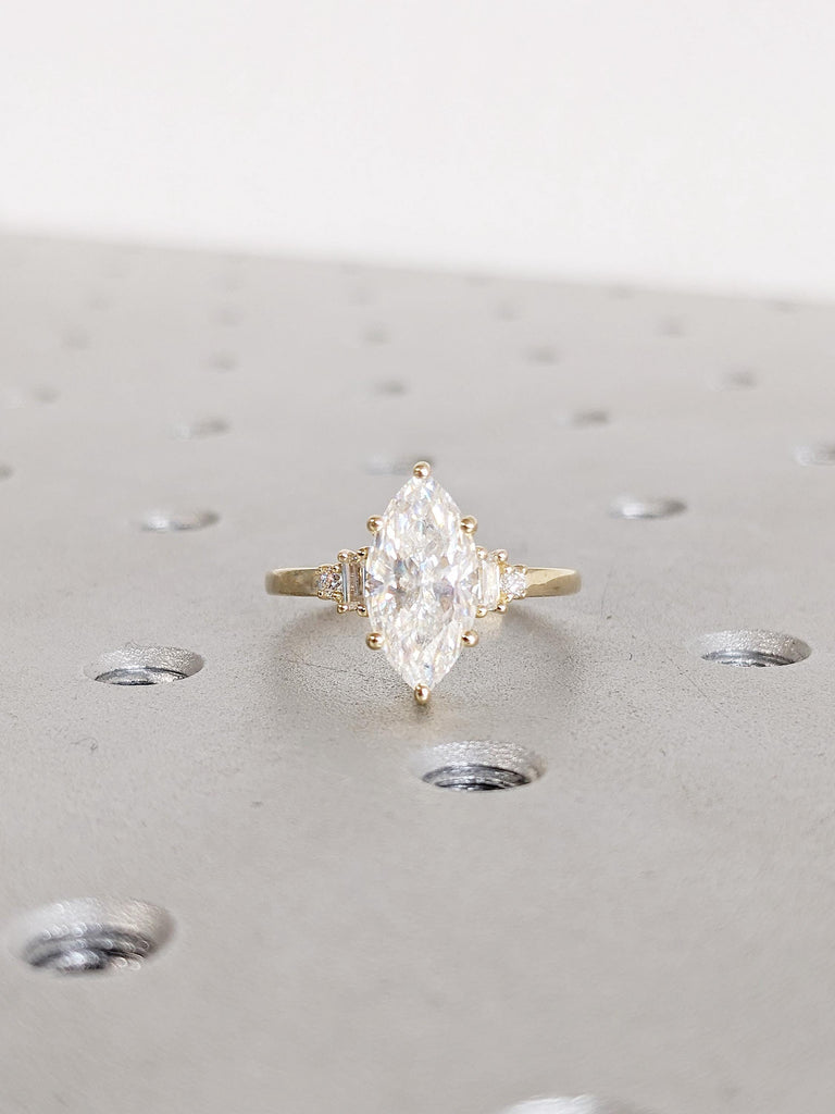 Marquise Cut Moissanite Engagement Ring | 14K Yellow Gold Baguette Accent Band | Art Deco Wedding Jewelry | Unique Statement Ring For Women