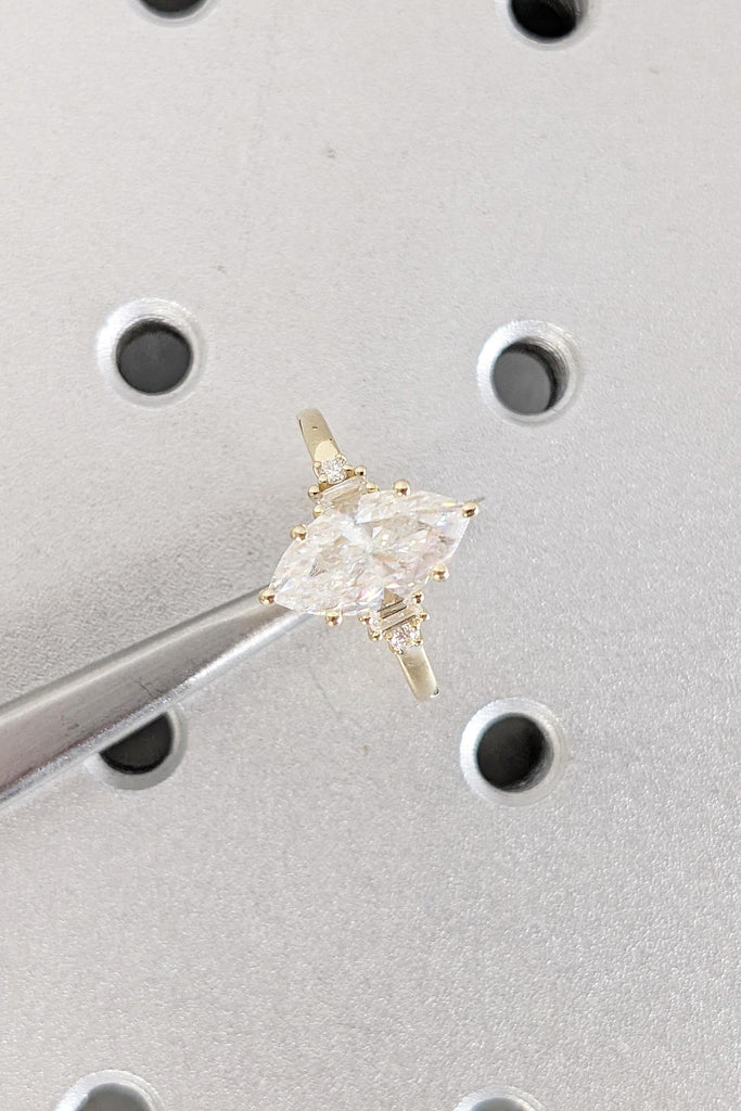 Marquise Cut Moissanite Engagement Ring | 14K Yellow Gold Baguette Accent Band | Art Deco Wedding Jewelry | Unique Statement Ring For Women
