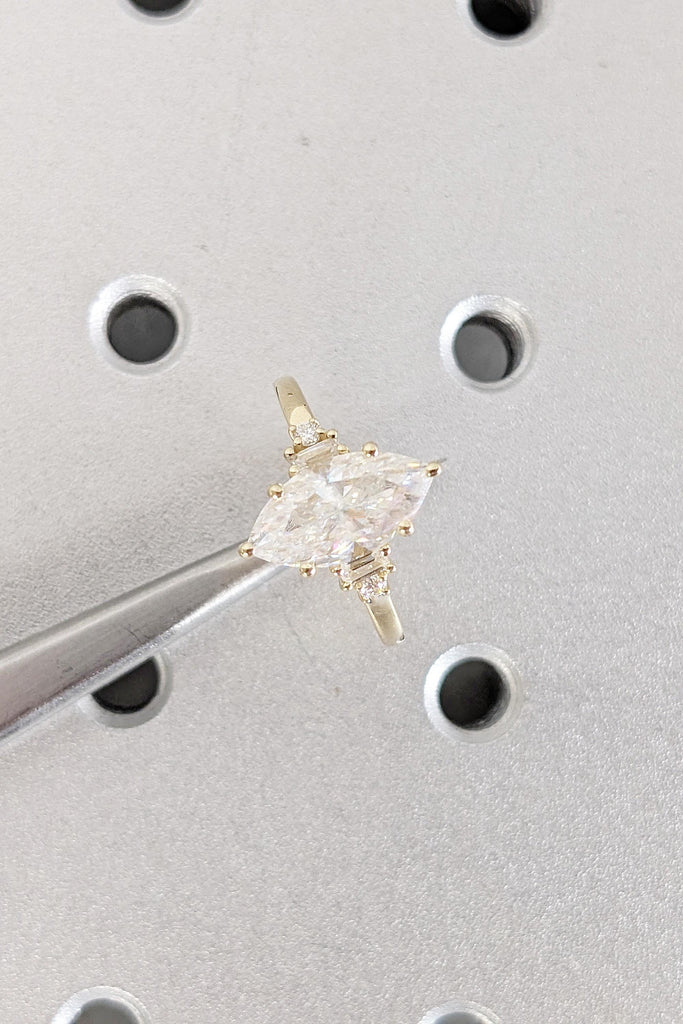 Marquise Cut Moissanite Engagement Ring | 14K Yellow Gold Baguette Accent Band | Art Deco Wedding Jewelry | Unique Statement Ring For Women image #1