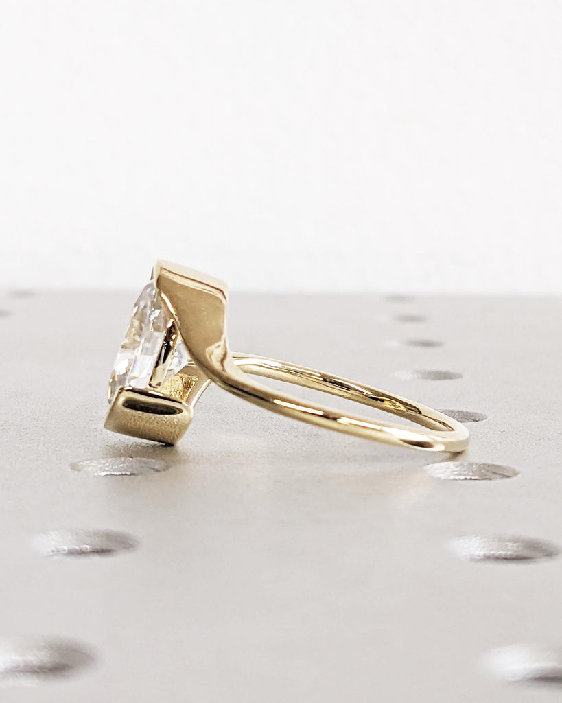 Oval Lab Made Diamond Engagement Ring - Certified IGI Lab Grown Diamond Ring - 14K Yellow Gold Bypass Tension Ring - Large Stone Bezel Ring