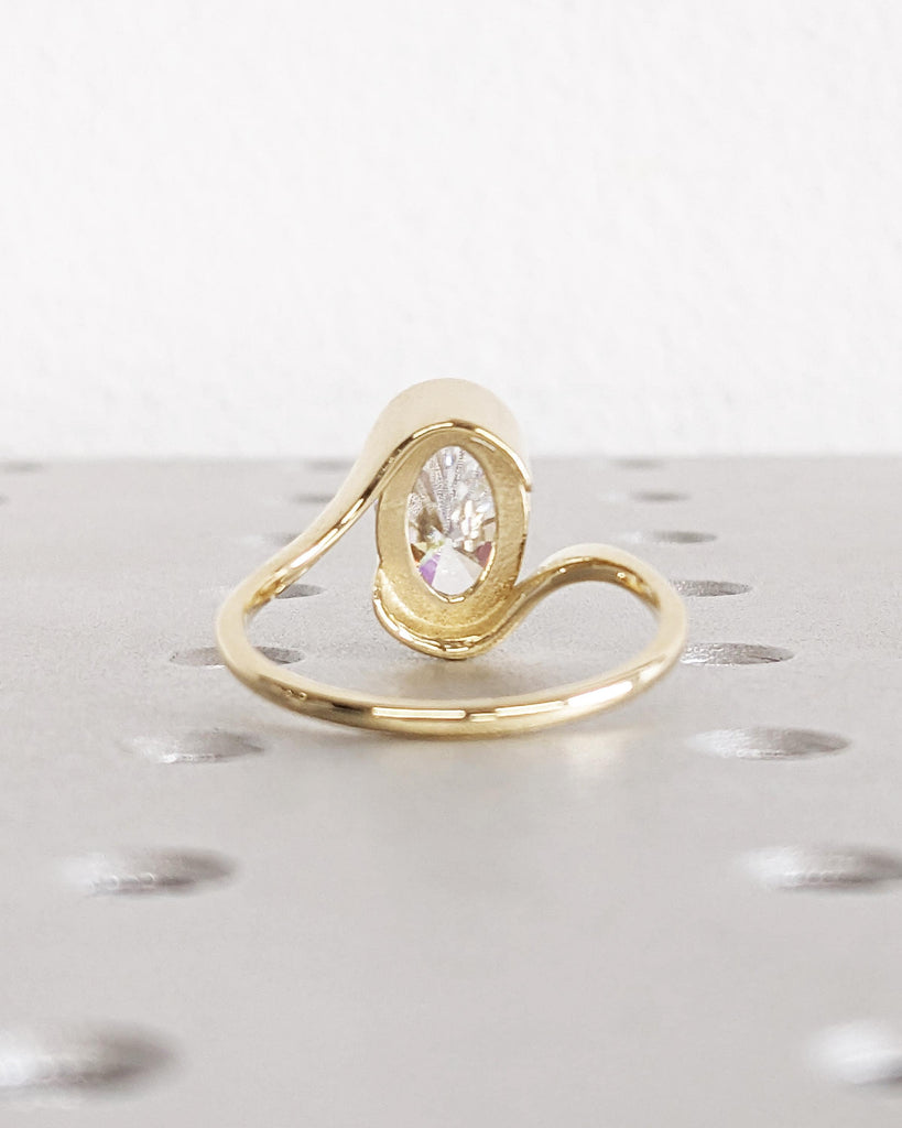 Oval Lab Made Diamond Engagement Ring - Certified IGI Lab Grown Diamond Ring - 14K Yellow Gold Bypass Tension Ring - Large Stone Bezel Ring