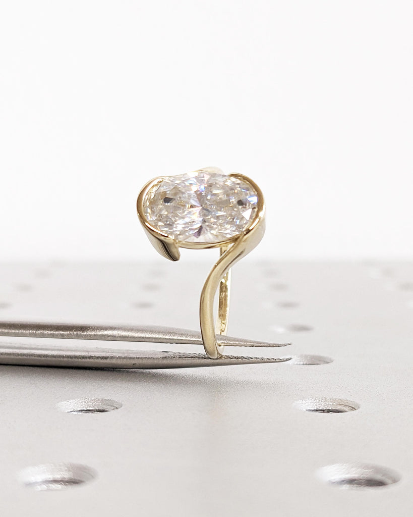 Bezel Set Lab Grown Diamond Engagement Ring, 14K Yellow Gold Bypass Tension Ring, Oval Solitaire Engagement Ring, Certified IGI Lab Diamond