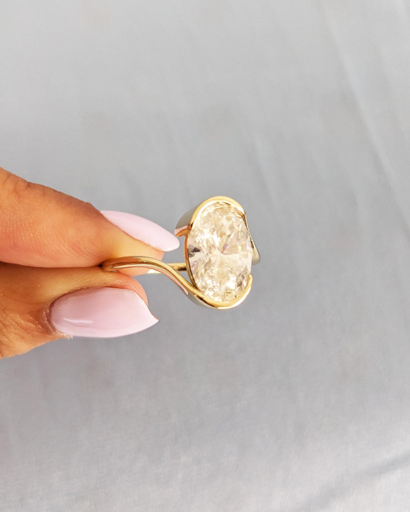 Oval Lab Made Diamond Engagement Ring - Certified IGI Lab Grown Diamond Ring - 14K Yellow Gold Bypass Tension Ring - Large Stone Bezel Ring