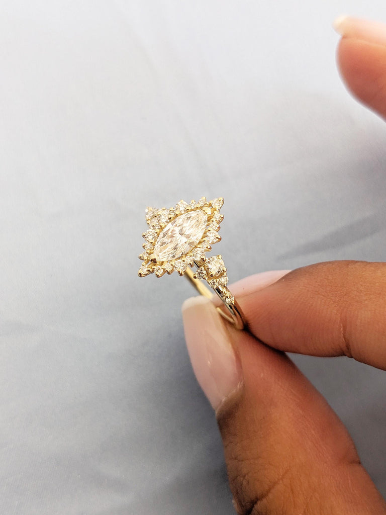 Sunburst Moissanite Marquise Engagement Ring, 14K Yellow Gold Ring, Halo Moissanite Ring, Cluster Ring