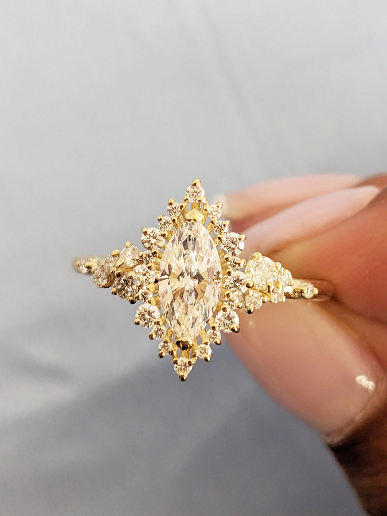 Marquise Lab Grown Diamond Engagement Ring, 14k Solid Gold Statement Ring, Diamond Halo Ring, Sunburst Diamond Cluster Ring, Handmade Rings image #8
