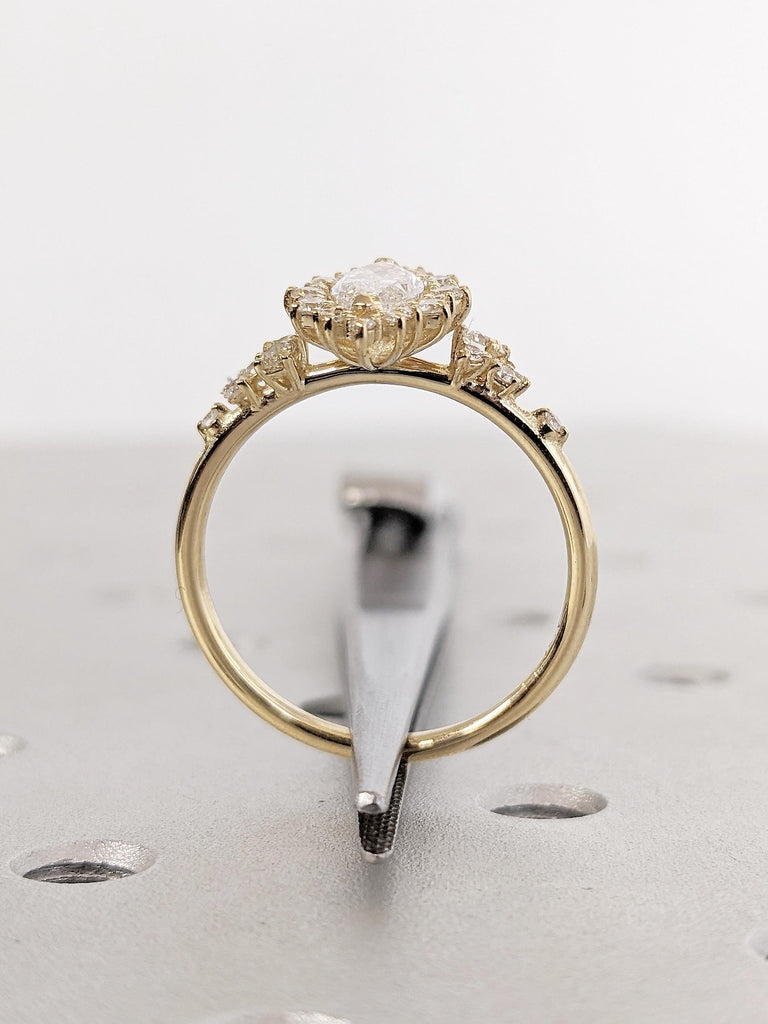 14K Yellow Gold Lab Grown Diamond Ring, Sunburst Halo Engagement Ring, Diamond Cluster Ring