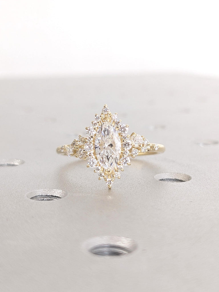 14K Yellow Gold Ring, Halo Moissanite Ring, Cluster Ring