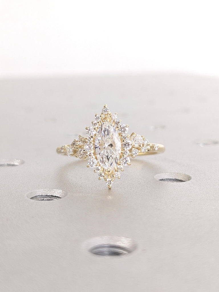 Sunburst Moissanite Marquise Engagement Ring, 14K Yellow Gold Ring, Halo Moissanite Ring, Cluster Ring image #2