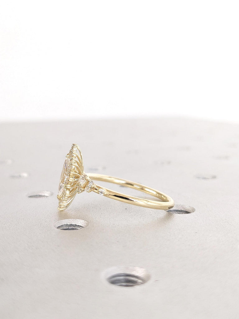 Sunburst Moissanite Marquise Engagement Ring, 14K Yellow Gold Ring, Halo Moissanite Ring, Cluster Ring image #3