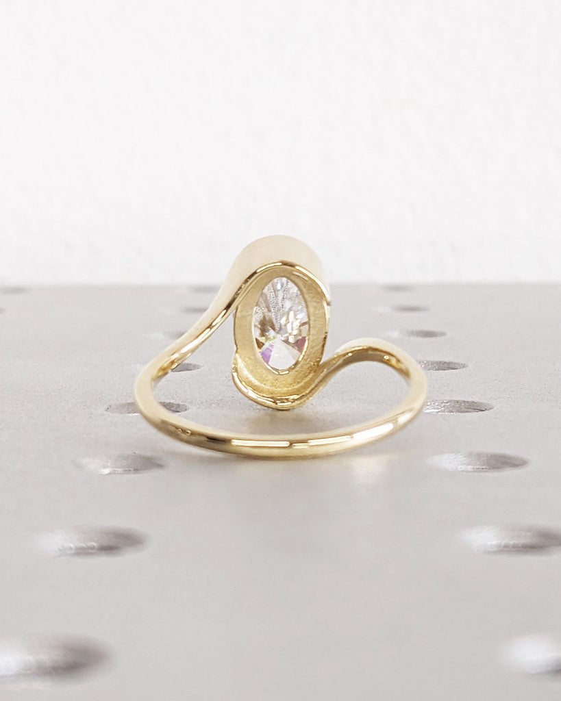 14K Solid Yellow Gold Bezel Engagement Ring, Oval Cut Solitaire Moissanite Ring, Bypass Shank Wedding Ring, Sleek Twist Design Promise Ring
