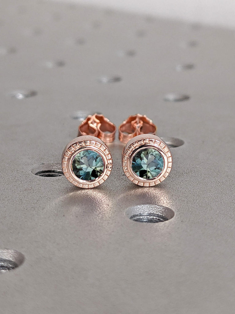 Teal Sapphire Rose Gold Stud Earrings | 0.5ct Sapphire Round Halo Earrings | Natural Sapphire Women Everyday Earrings | September Birthstone