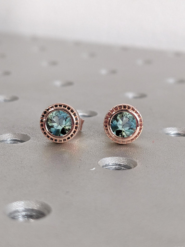 Teal Sapphire Rose Gold Stud Earrings | 0.5ct Sapphire Round Halo Earrings | Natural Sapphire Women Everyday Earrings | September Birthstone