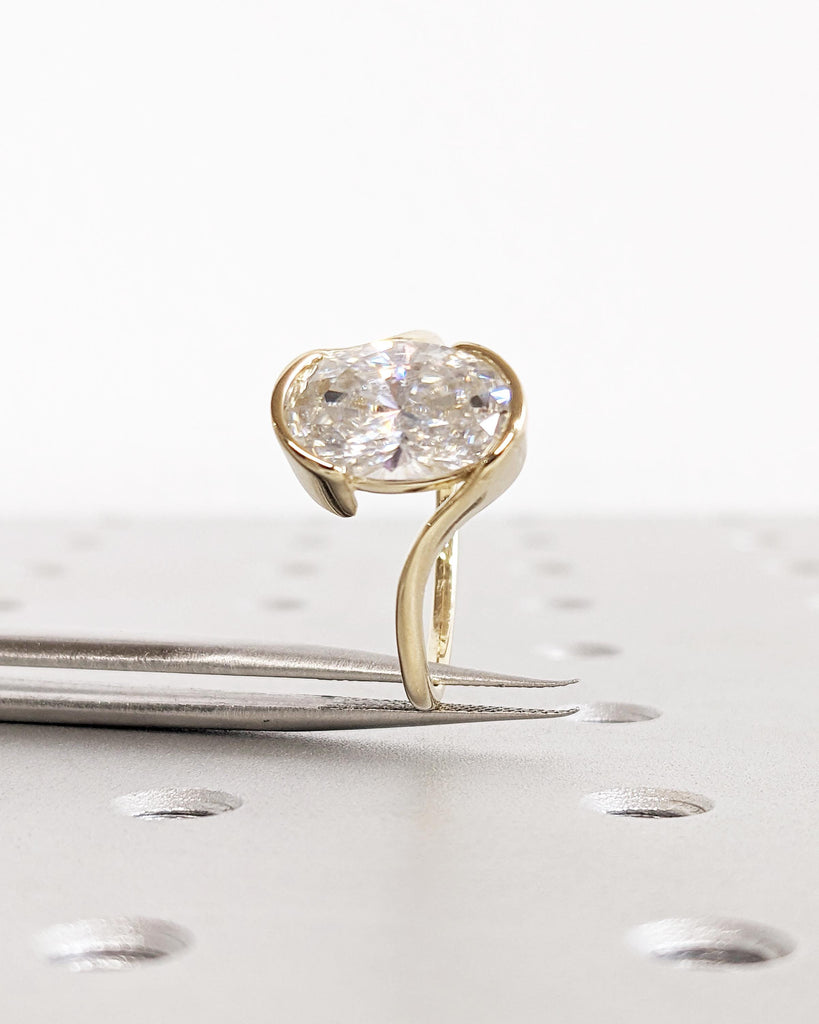 3 Carat Lab Grown Diamond Ring, 14K Yellow Gold Bypass Engagement Ring, Oval Solitaire Wedding Ring, Certified IGI Lab Diamond Bezel Ring, Gift for Her
