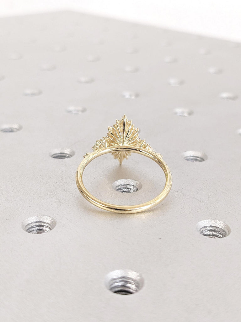 14K Yellow Gold Lab Grown Diamond Ring, Sunburst Halo Engagement Ring, Diamond Cluster Ring