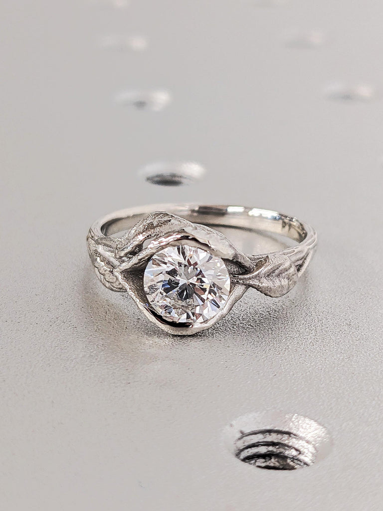 Platinum Solitaire Lab Grown Diamond Engagement Ring, Lotus Leaves Flower White Diamond Wedding Band, Unique Bridal Jewelry