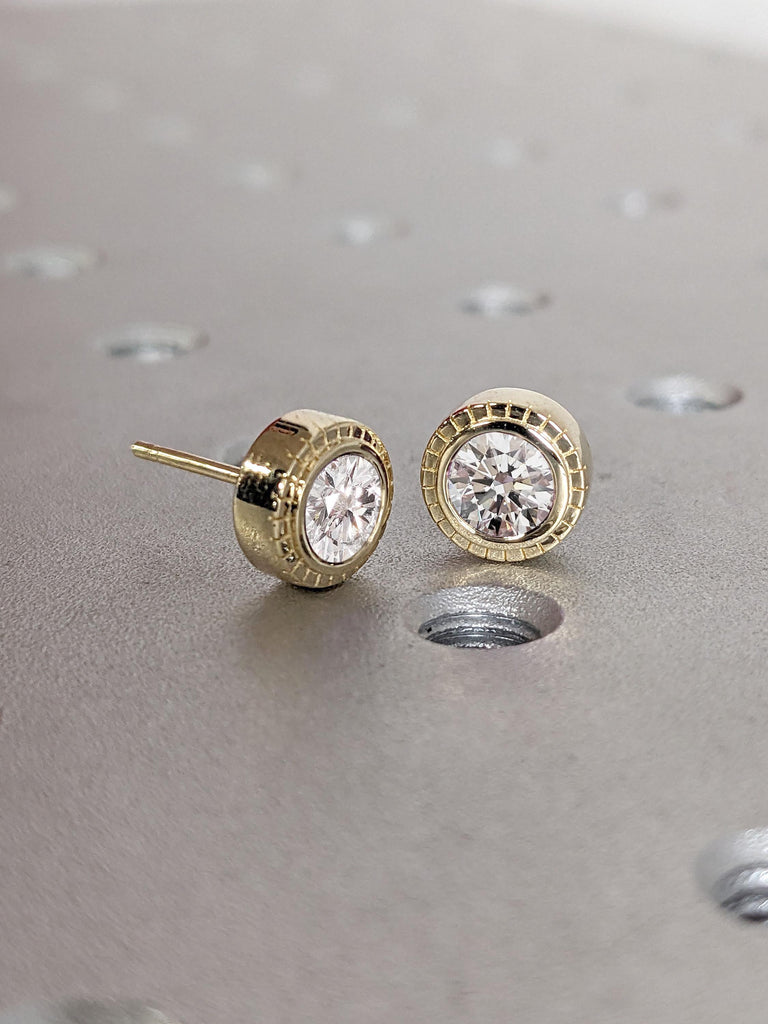 VVS Moissanite Stud Earrings | 14k Yellow Gold Round Solitaire Earrings | Bezel set Woman Earrings | Everyday Wear Moissanite Earrings Gift